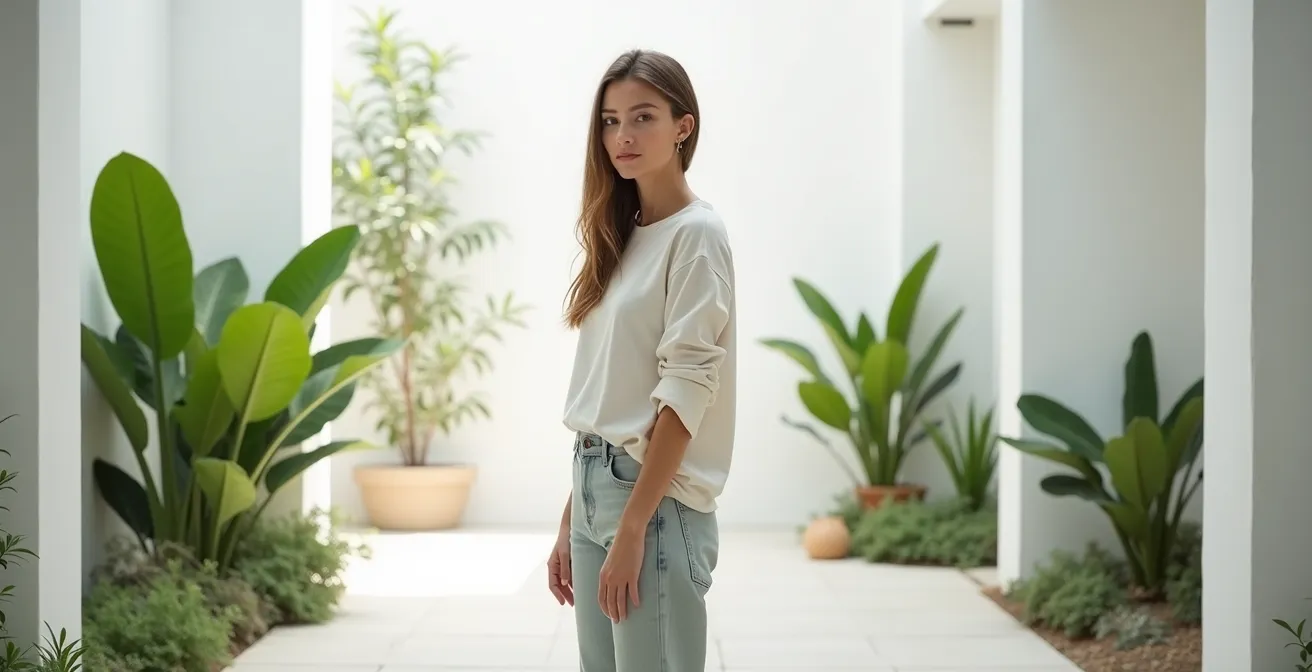 Femme souriante dans un environnement naturel lumineux