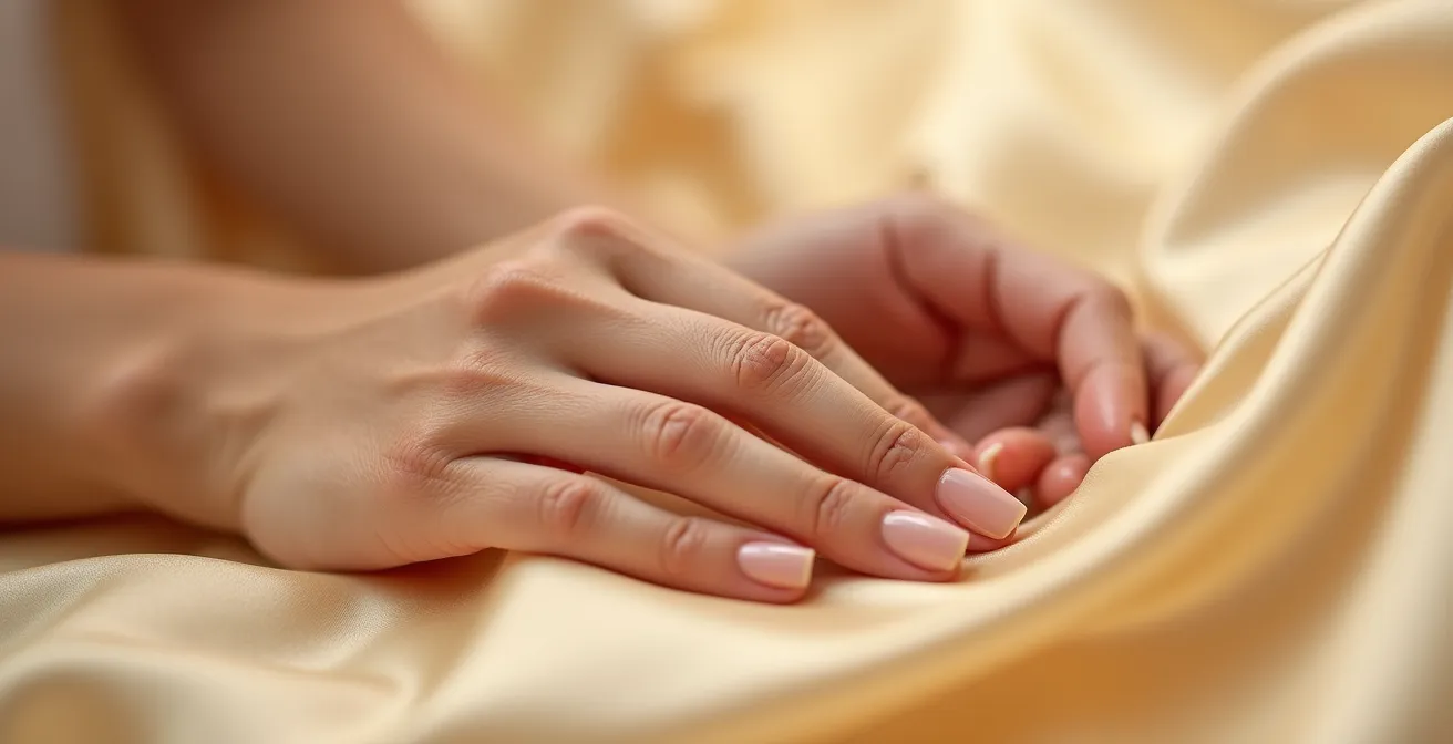 Main féminine effleurant un tissu soyeux