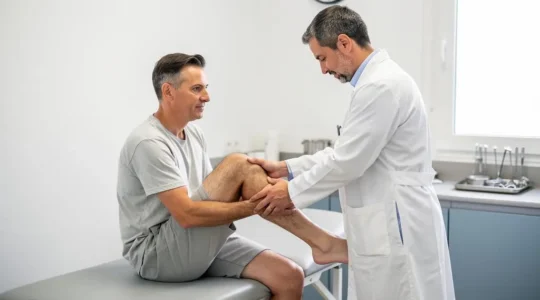 Chirurgien orthopédiste examinant le genou d'un patient lors d'une consultation clinique dans un cabinet médical