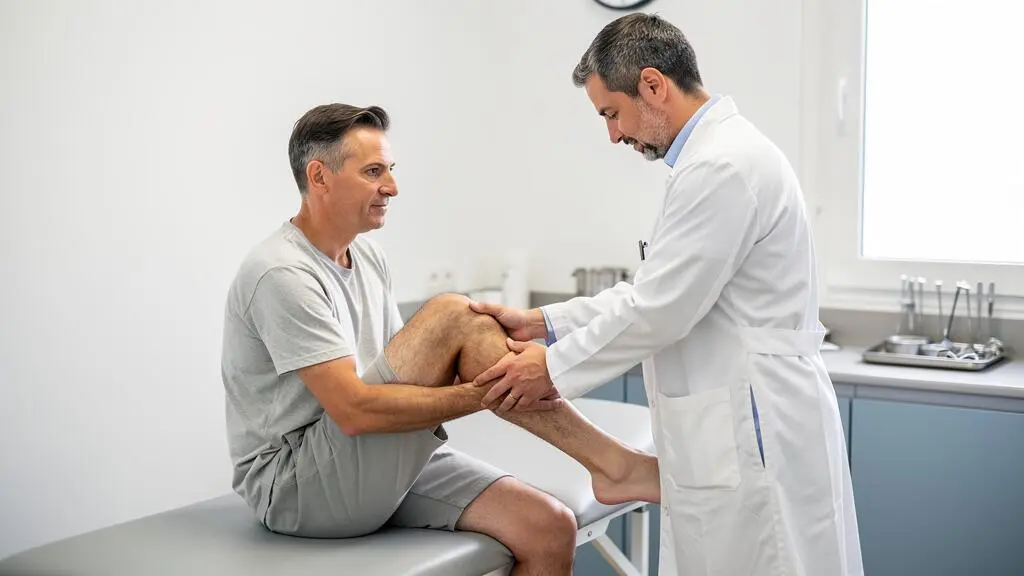 Chirurgien orthopédiste examinant le genou d'un patient lors d'une consultation clinique dans un cabinet médical