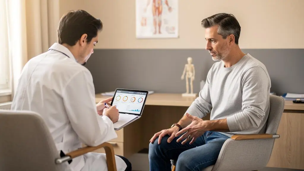 Patient expliquant ses symptômes à un chirurgien orthopédiste en montrant son genou pendant une consultation