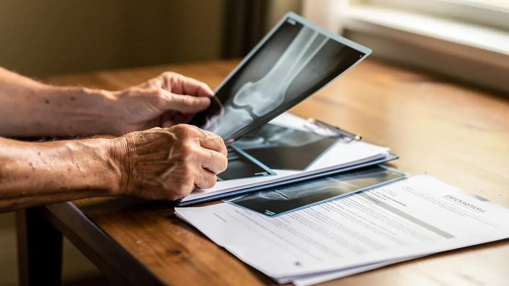Patient organisant des radiographies et documents médicaux sur une table à domicile avant une consultation orthopédique
